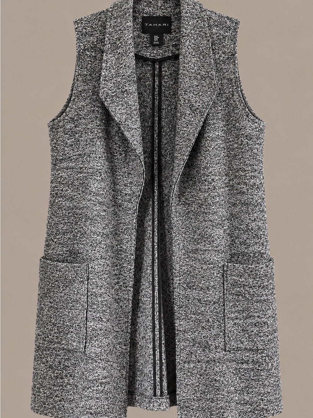 Tahari Gray Open-Front Sleeveless Knit Vest with Pockets